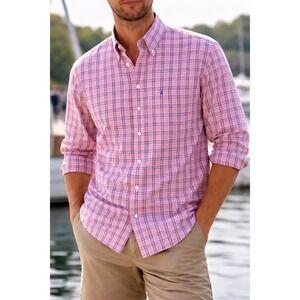 IZOD Pink Blue Plaid Long Sleeve Button Down Premium Essentials Dress Shirt Sz M